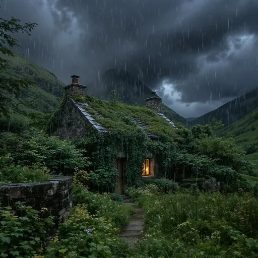 Prompt: crea la imagen de una casita de piedras en un valle en un dia de lluvia con nubes oscuras