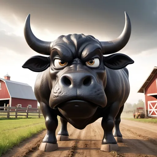 Prompt: angry pixar style black bull with cartoon eyes, closed mouth, on a farm background, key light perspective
