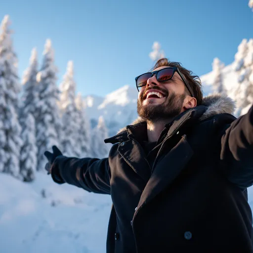Prompt: Standing amidst a dazzling blanket of fresh snow, a man exudes joy with arms outstretched wide, as if embracing the chilly mountainscape around him. Clad in a sleek black winter suit and stylish reflective sunglasses, his beaming smile and confident posture suggest a sense of freedom and exhilaration. The scene is illuminated by bright sunlight, casting playful shadows and highlighting the pristine white of the snow, with a backdrop of sparse, leafless trees hinting at early spring. This vibrant contrast of colors, combined with the man's lively expression, captures an adventurous spirit and the sheer beauty of a wintry landscape.