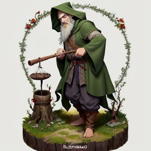 Prompt: Dungeons and dragons style halfling Hermit and Druid. Stood likr he is expecting soemthing and with a facial expression like he knows. Clothes are home made and patched. Cloak and large hat seem to be made of leaves and climbing plants. Old but still full of life, holding a thin round smooth dark red wooden staff also with tiny flowers at bloom at the top. Three quarter pants with rough muddy halfling feet. Looks drawn. White frizzy hair come from under the hat and he has a round white frizzly beard but has his cheeks shaved to his jawline apart from one piece on his chin. Friendly but a bit crazy. Doesn't trust people is mostly alone 