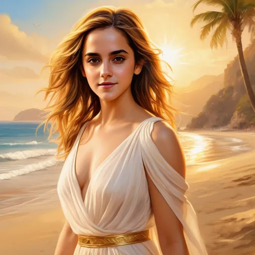Prompt: Kiara Advani  enjoying a tropical beach, Emma Watson as a Greek goddess with ethereal glow, high-resolution digital painting, realistic style, warm sunlight casting soft golden glow, detailed beach scenery, professional quality, vibrant colors, beach fashion, goddess glow, realistic lighting, scenic background, detailed feature,warm tone