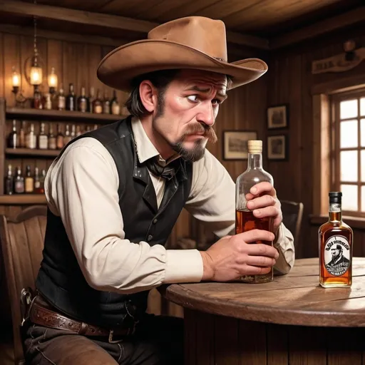 Prompt: Sad bastard in a saloon drinking whiskey out if the bottle with slight cartoon styling 