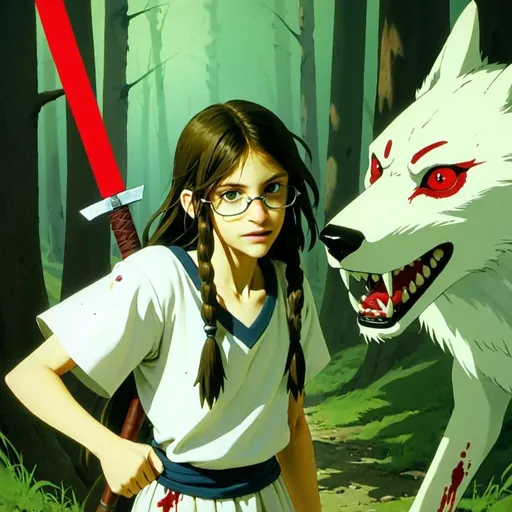 Prompt: princess mononoke,  red paint on her face, half-length portrait,  blooded fangs, blood on her face, angry, upset, furious, open mouth, smiling, long canine teeth, cover in blood, long hair, brunette,  eye glasses, green eyes, 10 years old, dagger in her hand, blood on the dagger, forest landscape,  ready for attack, angry face