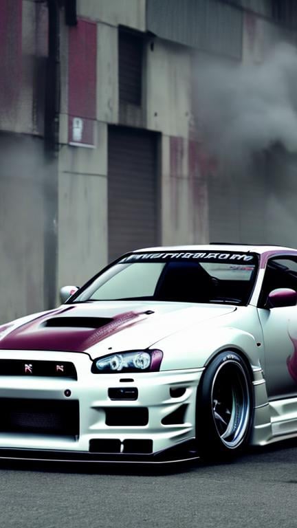 Prompt: 
nissan gtr r34, widebody, drifting, it is for a poster. a very sharp image. 3/4 shot, wallpaper, Very good widebody, rear wing, exhaust flame in action. pale colour

