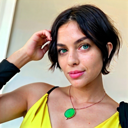 Prompt: Bikini girl age 30 beautiful face short hair green eyes black pandant necklace in girl neck, holding a banana 