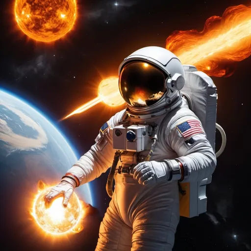 Prompt: A lone astronaut in a retro space suit and a shiny helmet floats in deep space. He is holding a notebook and pencil, with a determined expression on his face as he tries to reach the sun’s atmosphere. The Sun, in the background, is a huge ball of fire, with intense flames and massive solar flares. The solar atmosphere is turbulent, with plasma clouds and solar bulges. The image should have a cinematic quality, with vibrant colors and striking contrasts. Details like the sun rays, explosions and texture of the space suit should be extremely sharp.