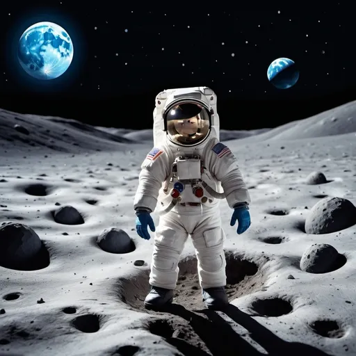 Prompt: A young astronaut, with a radiant smile, explores the lunar surface with her faithful All Stars pair. The blue and vibrant Earth hovers majestically in the night sky, while the astronaut collects samples of lunar soil
