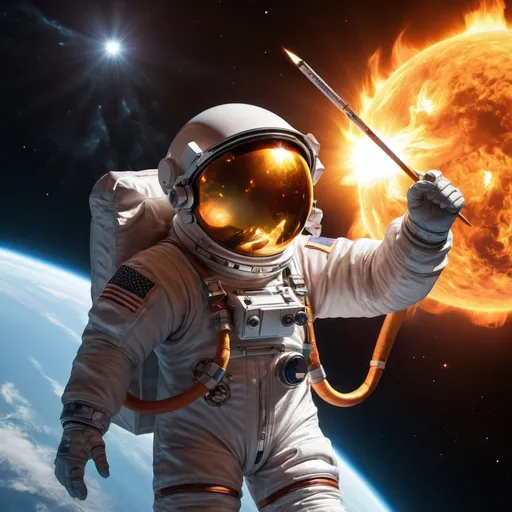 Prompt: A lone astronaut in a retro space suit and a shiny helmet floats in deep space. He is holding a notebook and pencil, with a determined expression on his face as he tries to reach the sun’s atmosphere. The Sun, in the background, is a huge ball of fire, with intense flames and massive solar flares. The solar atmosphere is turbulent, with plasma clouds and solar bulges. The image should have a cinematic quality, with vibrant colors and striking contrasts. Details like the sun rays, explosions and texture of the space suit should be extremely sharp.