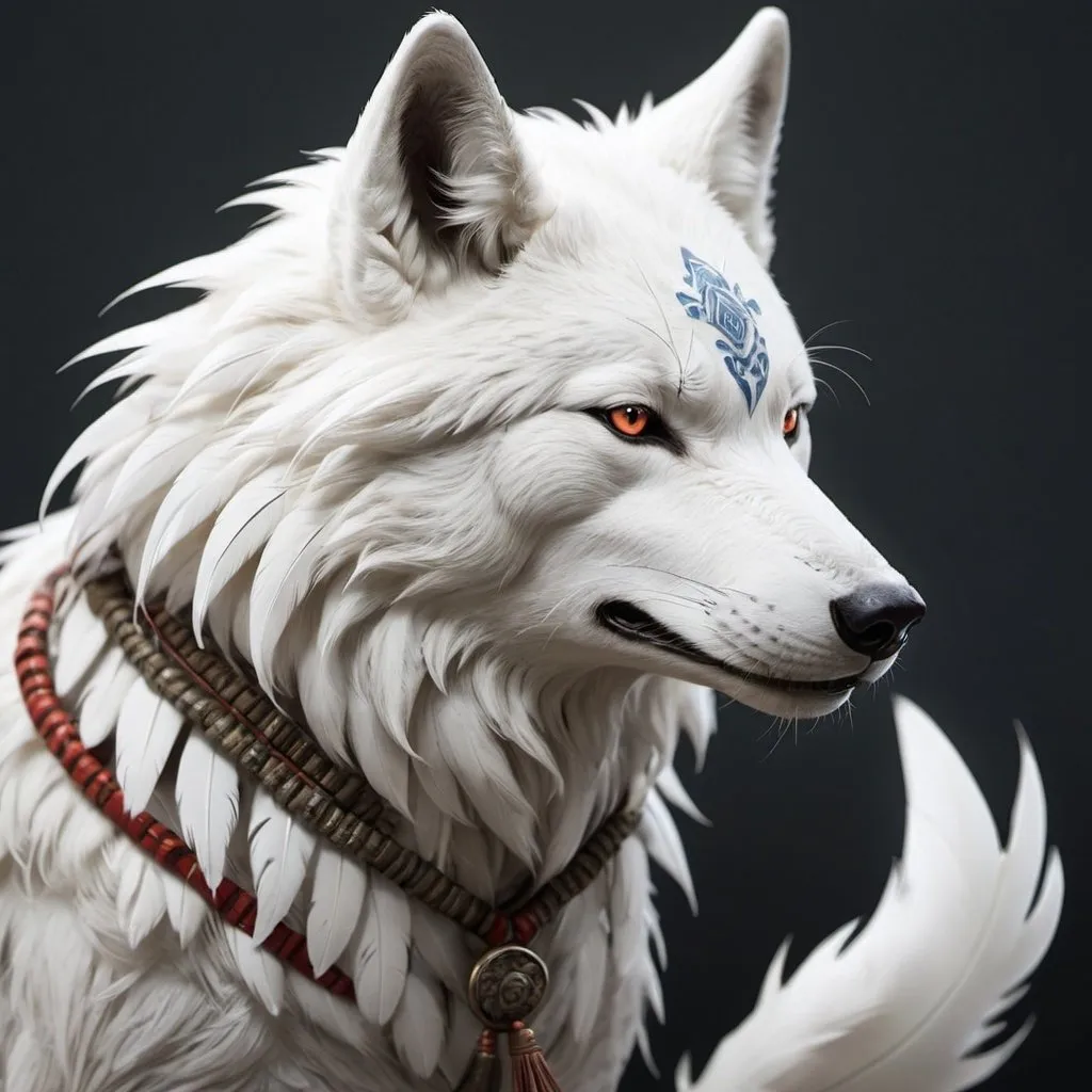 Prompt: a white feathered wolf, Japanese art, official art, concept art