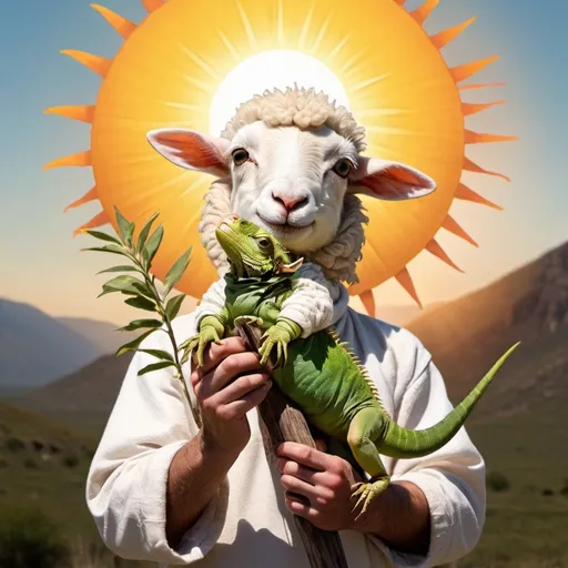 Prompt: A sheep man holding a baby iguana up to the sun blessing it with whipping branches