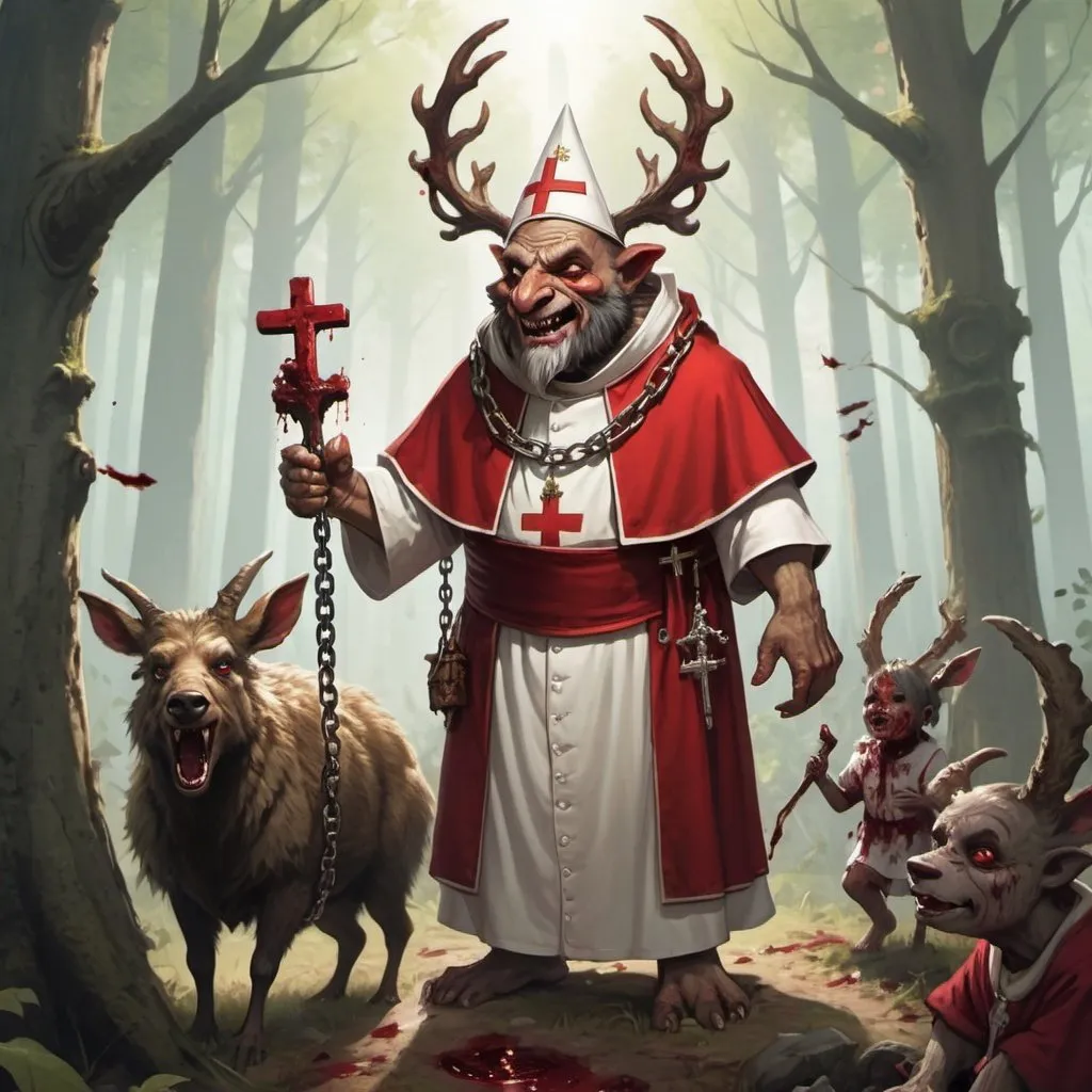 Prompt: I happy bugbear wearing a pope hat with a huge chain necklace with a cross on it anointing small children in a forest with a bloody dear on a sacrificial alter