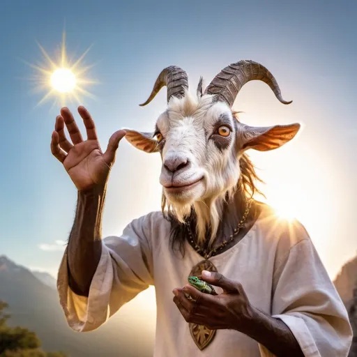 Prompt: Funny looking goatman holding a lizard in his hand with his other hand in the air blessing with the power of light and the sun behind his head
