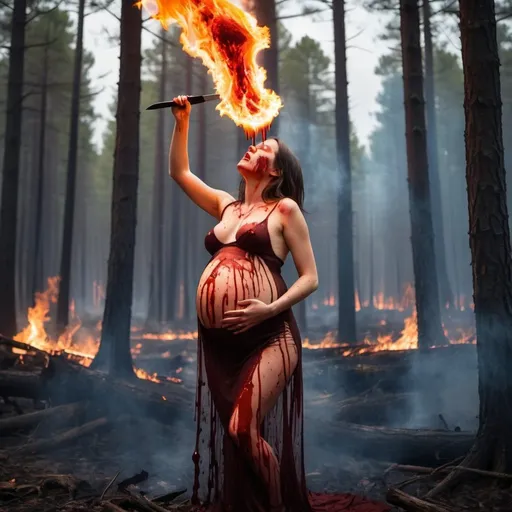Prompt: Pregnant woman wearing see-through dress with blood dripping down her chin holding a knife in the air and a blazing sun beyond her lighting a forest on fire