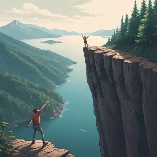 Prompt: Draw a person reaching out to someone hanging off a cliff over the sea, with a forest and beautiful mountains in the background.