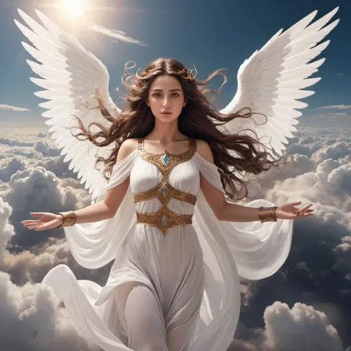 Prompt: A goddess with white wings and long brown hair and eyes flying over the clouds 