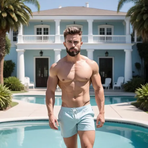 Prompt: <mymodel>Handsome, short beard, muscular, athletes. 

Walking beside a pool towards a light blue California mansion with palm trees. friendly and stunning a short messy hair and a white speedo