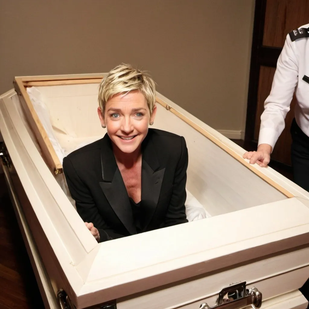 Prompt: ellen degenrais in a coffin 