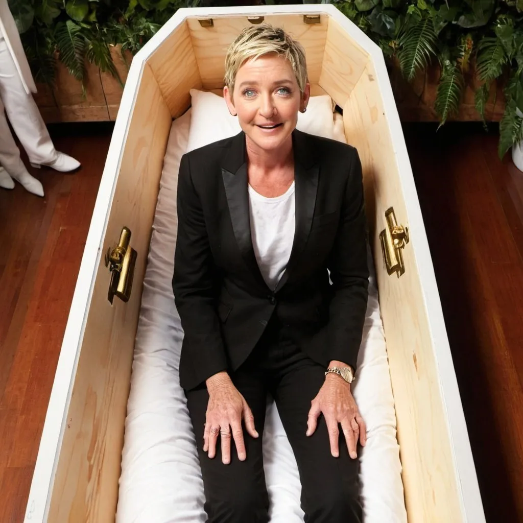 Prompt: ellen degenrais in a coffin 