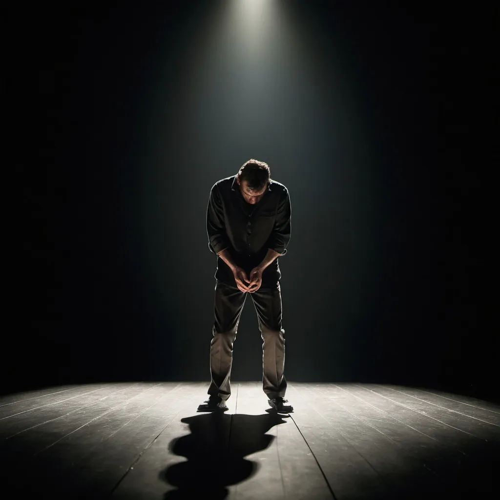 Prompt: an actor in dark clothes looking down at their feet on an otherwise empty stage with one spotlight illuminating them