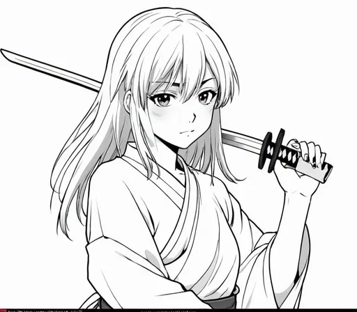 Prompt: Anime girl with black-red hair holding a katana across her shoulder