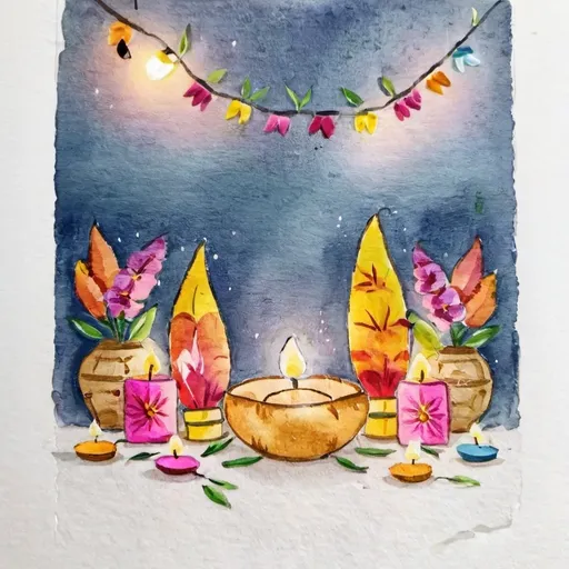 Prompt: diwali vibrant image with diyas, lightings, decor and flowers and lantern lamp. let the background be of a home
