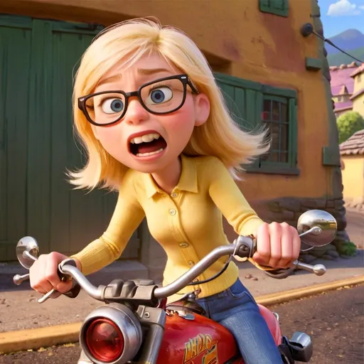 Prompt: a woman with blonde hair with glasses screming on the motorbike

