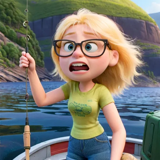 Prompt: a woman with blonde hair with glasses falls out of the boat while fishing