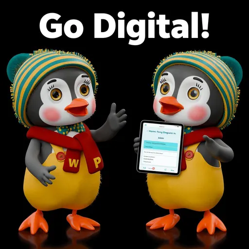 Prompt: With a swift motion, Pebbles gestures, and the chalkboard is replaced by a modern tablet displaying the White Penguin app interface. Pebbles looks impressed. Text overlay: "Go Digital!"