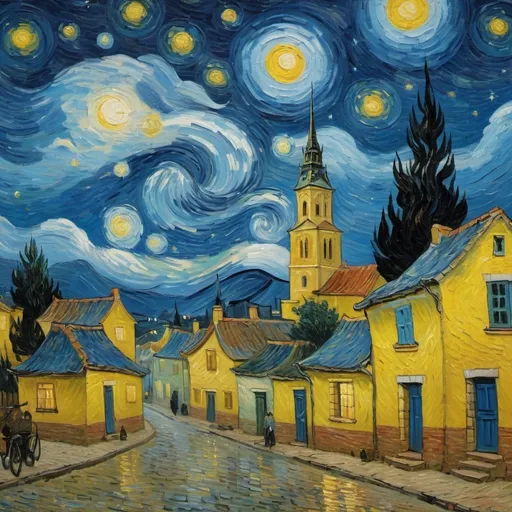 Prompt: Starry night by van Gogh in picture-in-picture, oil painting, detailed swirling brushstrokes, high quality, impressionism, vibrant blues and yellows, swirling clouds and stars, moonlit village, detailed cityscape, serene and dreamy atmosphere, intricate fine details, textured canvas, rich color palette, expressive artistry, expertly lit