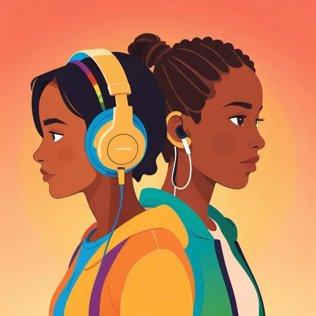 Prompt: Flat illustration a woman with brown skin facing off with a teenager who is wearing over-ear headphones, has chin length locs and light brown skin, simple forms, simple shapes, vector, minimalism, rainbow colors in background