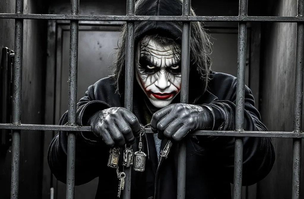 Prompt: Joker standing in a jail cell by himself. He is wearing an all black hoodie, baggy black cargo pants and black boots. He is standing next to the cell bars with his arms rested and on bars sticking through to the outside. He is holding the keys to the jail cell out in front of himself through the bars of the cell with a smile on his face. The jail cell is dark, cold and shadows are harsh. 8K, high quality, highly detailed, full body view and taken from outside the jail cell 