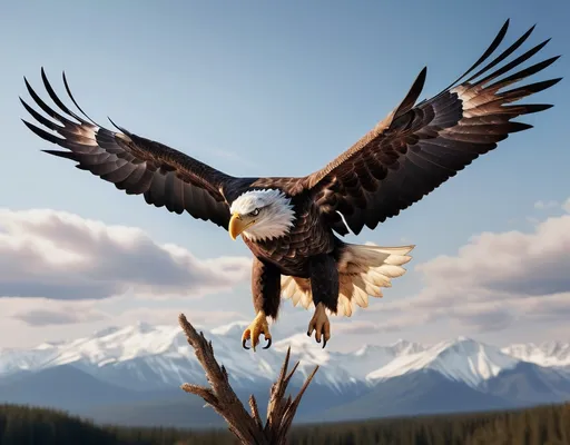 Prompt: (32K, highly detailed, high quality, photorealistic style, wide-angle wide shot with panoramic view) A bald eagle flying with his feathers looking like the American flag