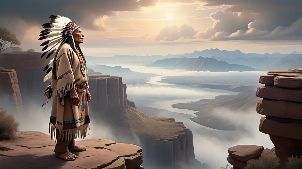 Prompt: (32K, highly detailed, high quality, photorealistic style, wide-angle full body shot with a panoramic view of the entire scene) Male, Native American elder in traditional attire stands on the edge of an ancient cliff. He is overlooking vast landscapes and misty mountains. In the sky, in the misty clouds is the translucent spirit of his ancestor, a beautiful landscape with waterfalls and mountains is visible 