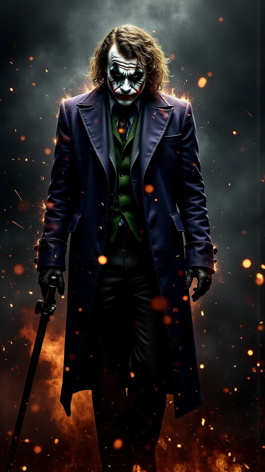 Prompt: a man dressed as the joker in a dark background with fire and sparks around him and his face glowing, Carlos Trillo Name, shock art, dark night, poster art