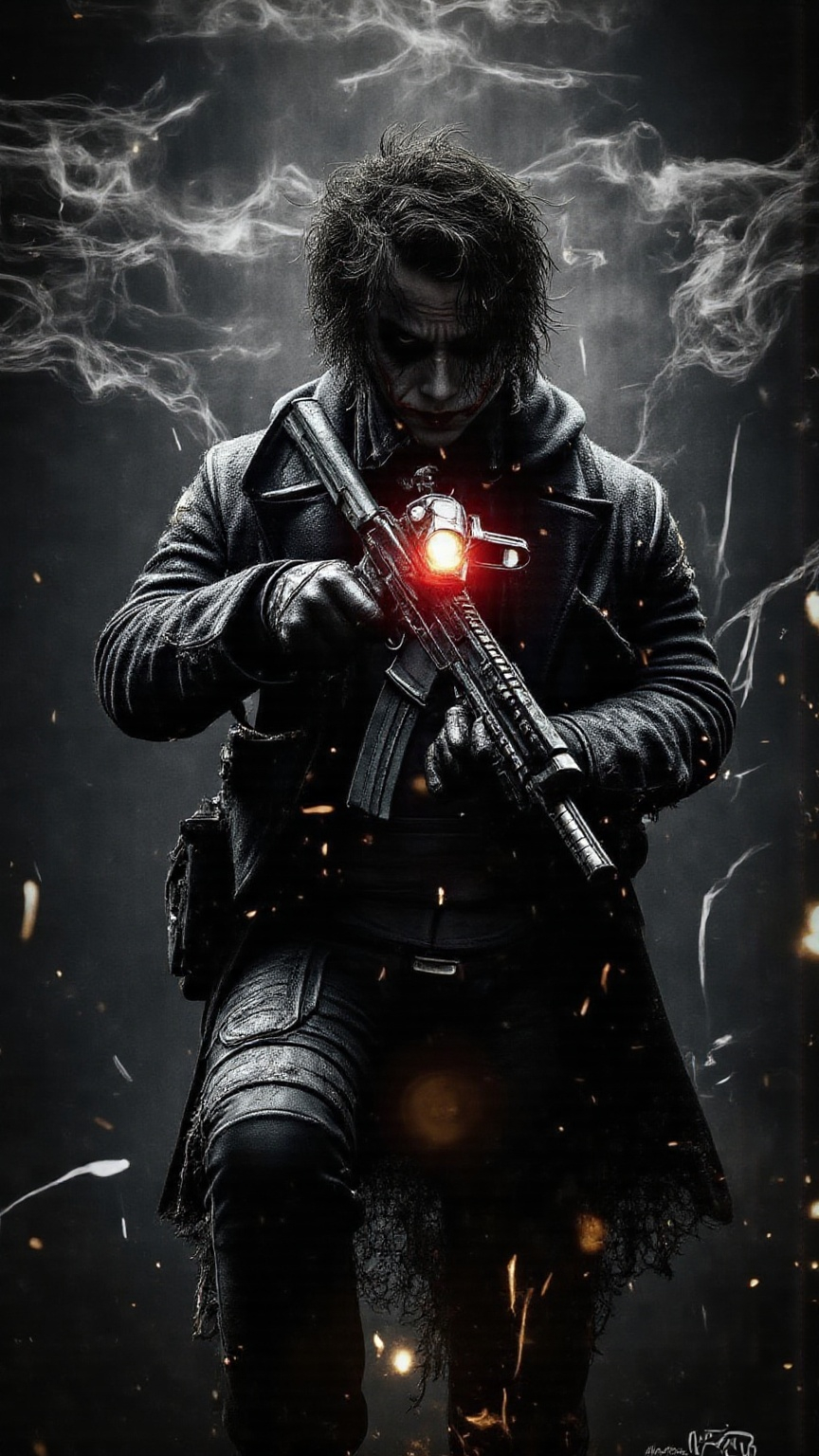 Prompt: Joker dressed as a special forces soldier holding a m4 in his hand and aiming it at the camera with a red light coming from center of scope on top of rifle, all black military uniform, midnight lighting, twilight lighting, photo realistic, 8K, highly detailed, full body portrait, highly quality. 