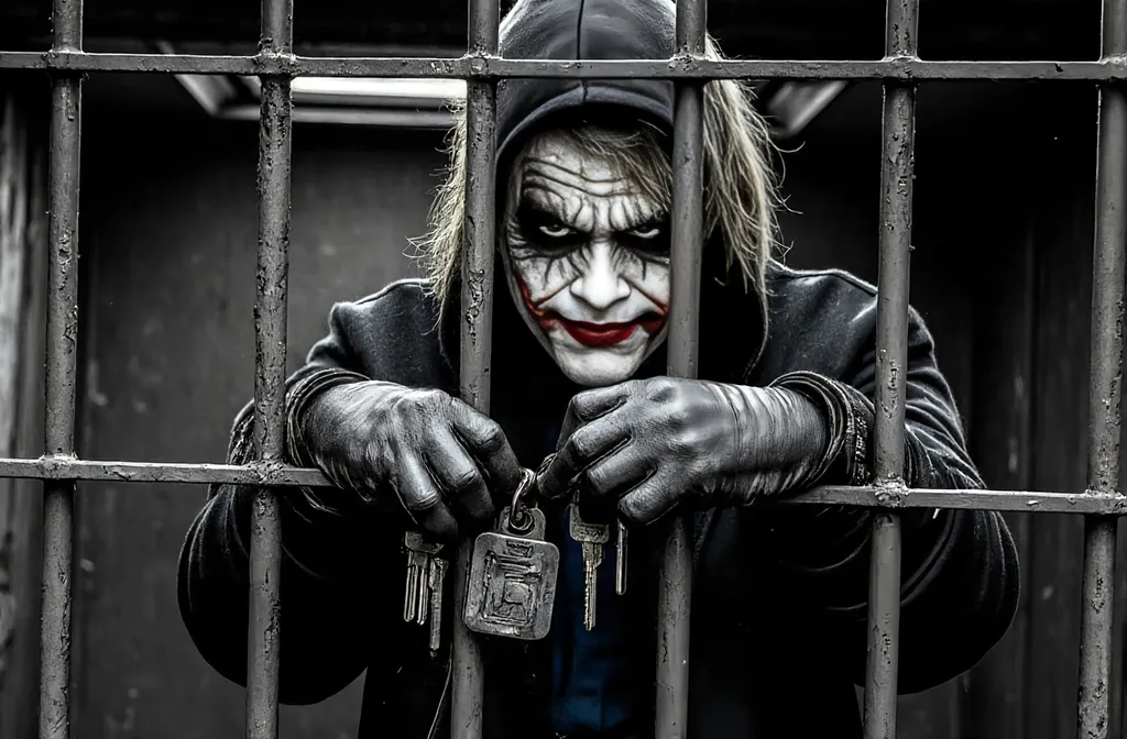 Prompt: Joker standing in a jail cell by himself. He is wearing an all black hoodie, baggy black cargo pants and black boots. He is standing next to the cell bars with his arms rested and on bars sticking through to the outside. He is holding the keys to the jail cell out in front of himself through the bars of the cell with a smile on his face. The jail cell is dark, cold and shadows are harsh. 8K, high quality, highly detailed, full body view and taken from outside the jail cell 
