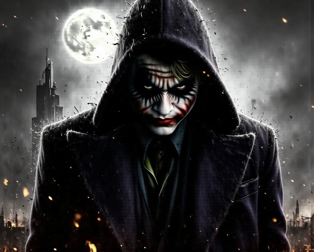 Prompt: The Joker in a hooded military uniform with dark shadows across his face with a full moon's light coming through a heavy fox creates volumetric lighting of the scene. He is holding a military rifle at the ready. In the background is a foggy city without many lights. The moonlight creates harsh cool toned shadows along with the fog creating an eerie feeling.