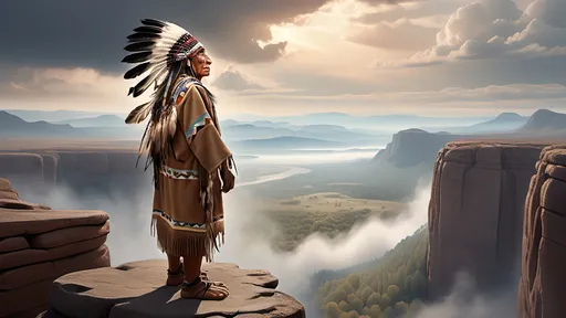 Prompt: (32K, highly detailed, high quality, photorealistic style, wide-angle full body shot with a panoramic view of the entire scene) Male, Native American elder in traditional attire stands on the edge of an ancient cliff. He is overlooking vast landscapes and misty mountains. In the sky, in the misty clouds is the translucent spirit of his ancestor, a beautiful landscape with waterfalls and mountains is visible 