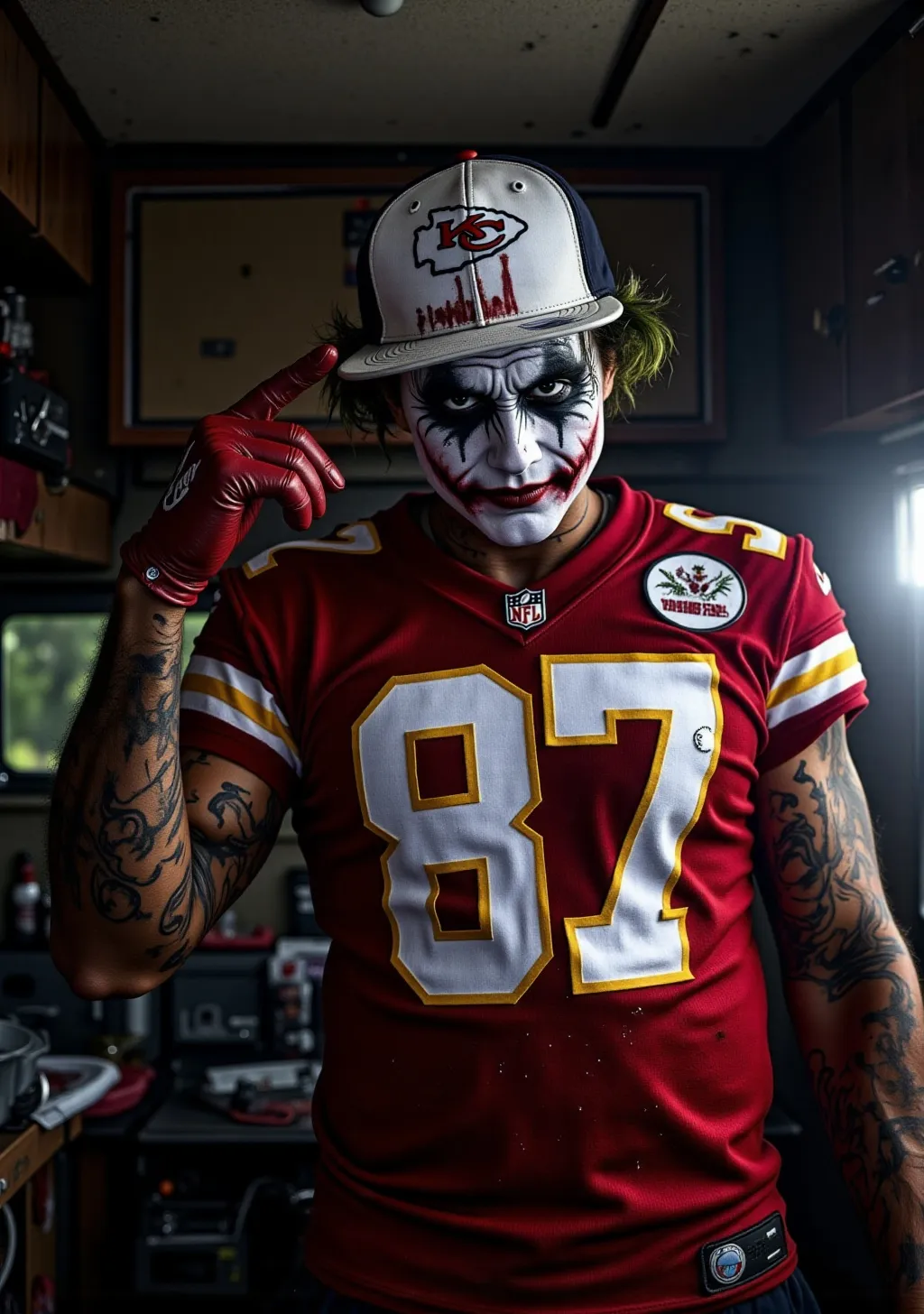 Prompt: a man in a Kansas City Chiefs red number 87 football jersey is pointing with his right hand at his Kansas City Chiefs white hat with red flat bill. He is wearing baggy black cargo pants, and red and white Adidas low-top sneakers. Background is a small, old camper with camoflage curtains on all windows not allowing the night's light in. The inside of camper is thick with smoke and only light is coming from the television that's on. It's dark shadows with light highlighting Joker's face.