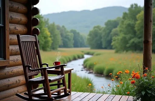 Prompt: A realistic, wide angle scene of a wooden rocking chair on a small porch on a log cabin. A small, wooden table sits next to the rocking chair with a coffee cup sitting on it with steam rising from the cup. The sky is overcast as rain falls in the secluded valley of the Appalachian Mountains. A creek bends and curves it way through the valley and past the porch of the log cabin giving a beautiful and peaceful view. Wildflowers of various bright colors blooming all through the valley. The scene is in 8K, extremely detailed, and highest quality masterpiece. 