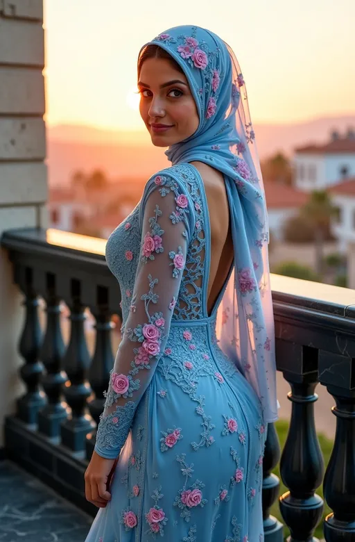 Prompt: A realistic, full body photograph of a stunning, toned, perfect curves, Middle Eastern female with a sky blue with intricate pink Arabic designed, silk hijab. She is wearing a translucent sky blue with pink designs, lace dress with barefoot. She is standing on a black marble balcony with her back slightly angled towards the camera while she flirtatiously peaks at the camera. The sunset lighting filters through the translucent dress highlighting her curves. The village is slightly visible and the sky blue and pink roses grow on the balcony along with other sky blue and pink flowers creating a relaxing atmosphere. The photo is in 8K, extremely detailed, and a masterpiece. 