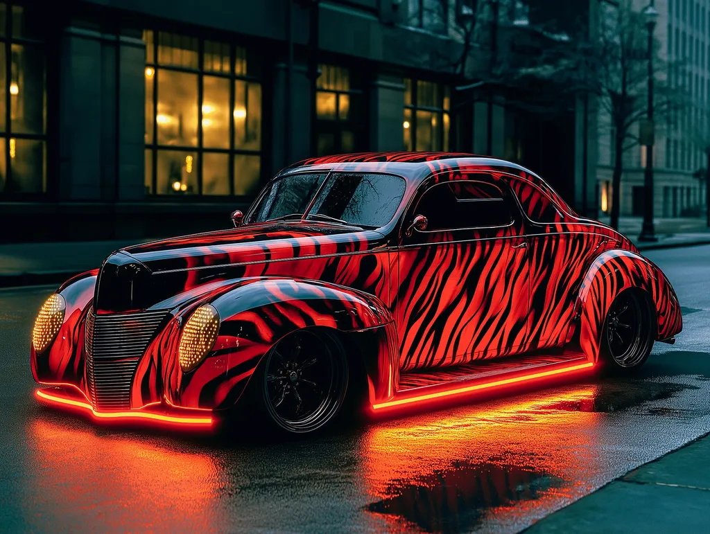 Prompt: A photo realistic 1940 Ford Coupe from a front side view with front facing camera. The car is lowered, metallic tiger print paint job, shiny black chrome trim, 22" shiny black chrome rims, and black tinted windows. Glowing neon lights are under the car casting bright orange onto pavement below and around car on the pavement. The car is parked at the entrace to cross an old, covered bridge on a clear summer night. The moonlight is reflecting off the wet surfaces of bridge, car, and roadway from an earlier rain and puddles are casting reflections. Photo is in 8K, highly detailed, high quality, and high resolution panoramic view.