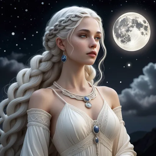 Prompt: 32K, photorealistic scene, european ivory female standing with the full moon and stary night directly behind, the lunar goddess has skin glow caused by the moon, and long silver with bright white royal braided hair that shimmers like moonlight. Her face shows gentle confident. She wears a lace gown with astrology design seeing the rim lighting makdnghe feam see if her body. The background is a cyberpunk-styled forest on a clear, full moon evening.