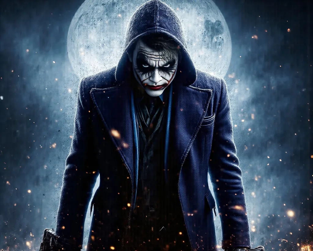 Prompt: (32K, highly detailed, high quality, photorealistic style, full body, wide-angle shot with a panoramic view) The Joker in a hooded military uniform with dark shadows across his face with a full moon's light coming through a heavy fox creates volumetric lighting of the scene. He is holding a military rifle in the low ready position. In the background is a foggy city without many lights. The moonlight creates harsh cool toned shadows along with the fog creating an eerie feeling.