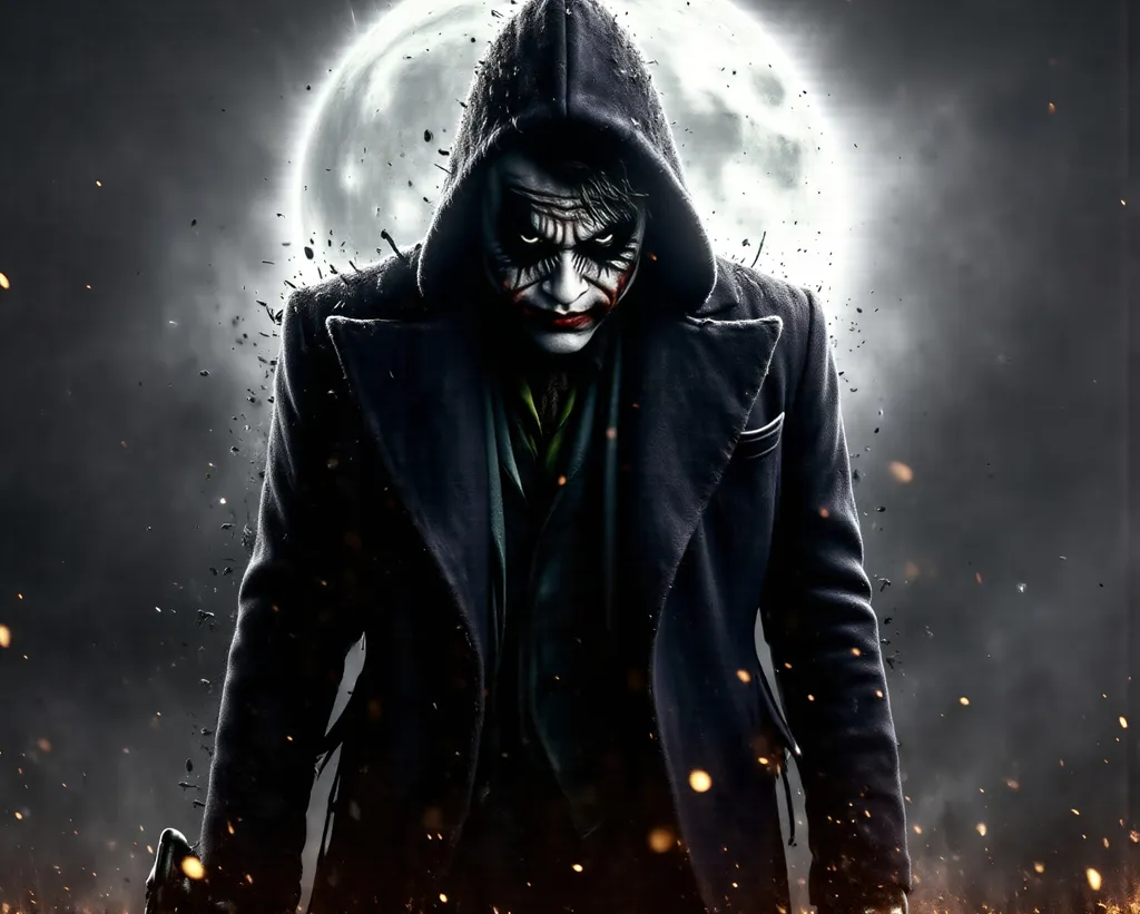 Prompt: (32K, highly detailed, high quality, photorealistic style, full body, wide-angle shot with a panoramic view) The Joker in a hooded military uniform with dark shadows across his face with a full moon's light coming through a heavy fox creates volumetric lighting of the scene. He is holding a military rifle in the low ready position. In the background is a foggy city without many lights. The moonlight creates harsh cool toned shadows along with the fog creating an eerie feeling.
