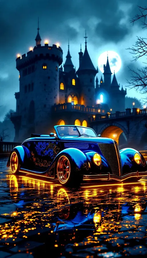 Prompt: A photo realistic 1938 Ford Roadster from a front side view. The car is lowered, a metallic blue base paint with metallic baby blue intricate king designs painted onthe body of the car, 22" shiny gold rims, and gold tinted windows. Glowing neon lights are under the car casting bright golden lights onto the pavement below and around the car. The car is parked in front of a midevil castle that's a top a hill with a bridge that you have to cross. The eerie thick fog and moonlight causing volumetric lighting and shadows to reflect off the wet surface of the ground, bridge, and car. Blue candles burn in some of the windows of the castle. Photo is in 8K, extremely detailed, high quality, and high resolution with a panoramic view.