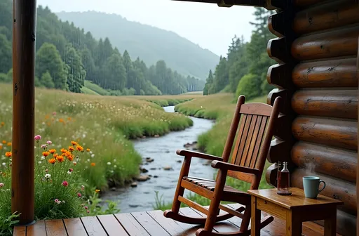 Prompt: A realistic, wide angle scene of a wooden rocking chair on a small porch on a log cabin. A small, wooden table sits next to the rocking chair with a coffee cup sitting on it with steam rising from the cup. The sky is overcast as rain falls in the secluded valley of the Appalachian Mountains. A creek bends and curves it way through the valley and past the porch of the log cabin giving a beautiful and peaceful view. Wildflowers of various bright colors blooming all through the valley. The scene is in 8K, extremely detailed, and highest quality masterpiece. 