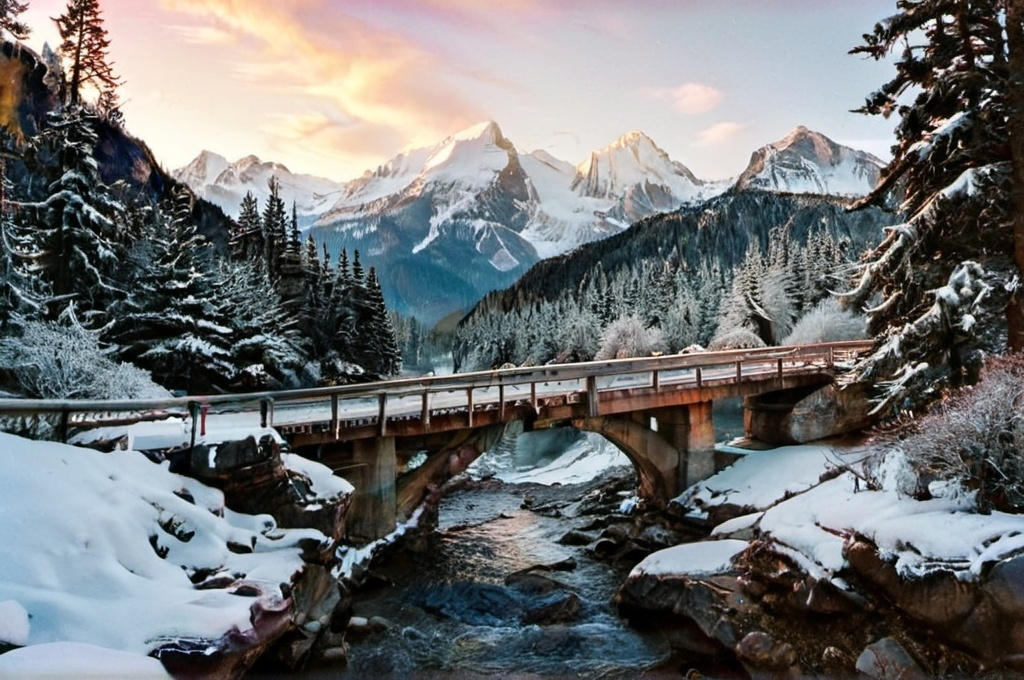 Prompt: (32K, highly detailed, high quality, ultra photorealistic style, high-angle shot from cliff looking slighty down with valley winter scene giving a great panoramic view of the scene) Standing at the edge of a cliff with an overlook of a large valley in between to large mountains at sunset in the winter time. The trees, ground, and mountain peaks are snow covered. A large bridge is center in slew with a tall , wide waterfall falling into the river crossing through the valley. There are a bald eagles flying over the valley. The sun setting and snow on the ground creating beautiful view with the Blue Hour , Golden Hour, and ambient lighting filling the mountains and ralley with soft and hard shadows and the mountain peaks and snow reflecting all the colors.