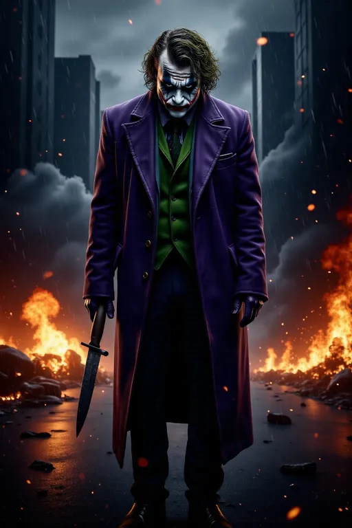 Prompt: (8K, highly detailed, high quality, ultrarealistic style, low-angle, full body, wide shot with a panoramic view with Joker the focus) Joker wearing his traditional purple, worn and dirty with dark purple suit best, lima green dress shirt and green tie with black dress shoes. He is standing in the middle of a street holding a hunting knife, with a devious expression on his face. The view is at night but a street light from above Joker creates a harsh top-light effect on his body  with butterfly lighting to his facial features. A thick fills the foreground and background along the street and around Joker. The smoke creates a reflected lightning in cool tones the further away from Joker. In the background the street and surrounding areas see fires, explosions, and destruction of large buildings at night with rain falling creating a filtered light leaks effect due to the reflection of the explosions fires, and other midnight lighting sources in the city at night.  Written centered behind the Joker are the words, "Die A Hero, or Live Long Enough to Become the Villain!" In a Sans Serif font to look similar to quickly written in blood red with a finger.