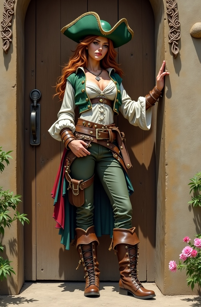 Prompt: A brown-haired female pirate with a green hat and leather boots standing next to an ornate wooden door, in the style of fantasy art --ar 1:2 --stylize 750